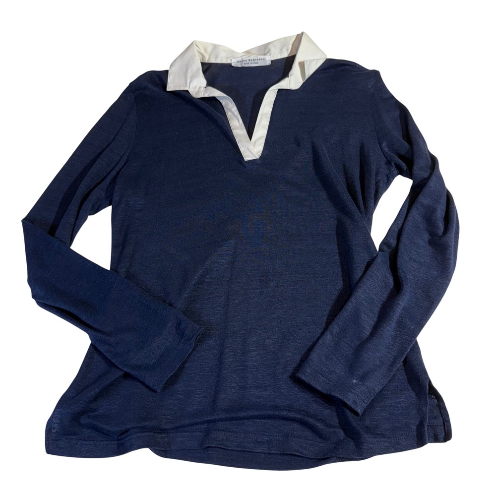 Amina Rubinacci Linen Polo Shirt US 4 Blue White Contrast Collar Italy